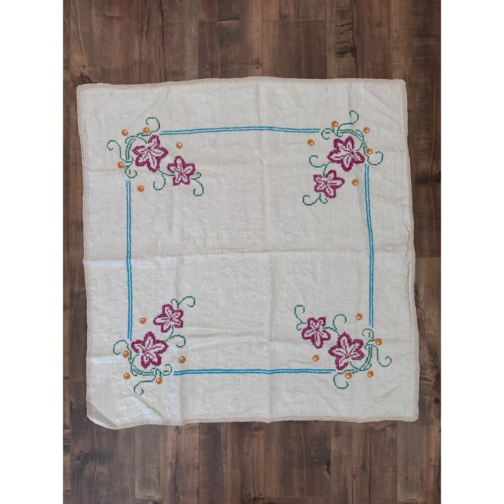 Vintage Cross-Stitch Square Floral Tablecloth 34"x33" Handstitched Embroidery